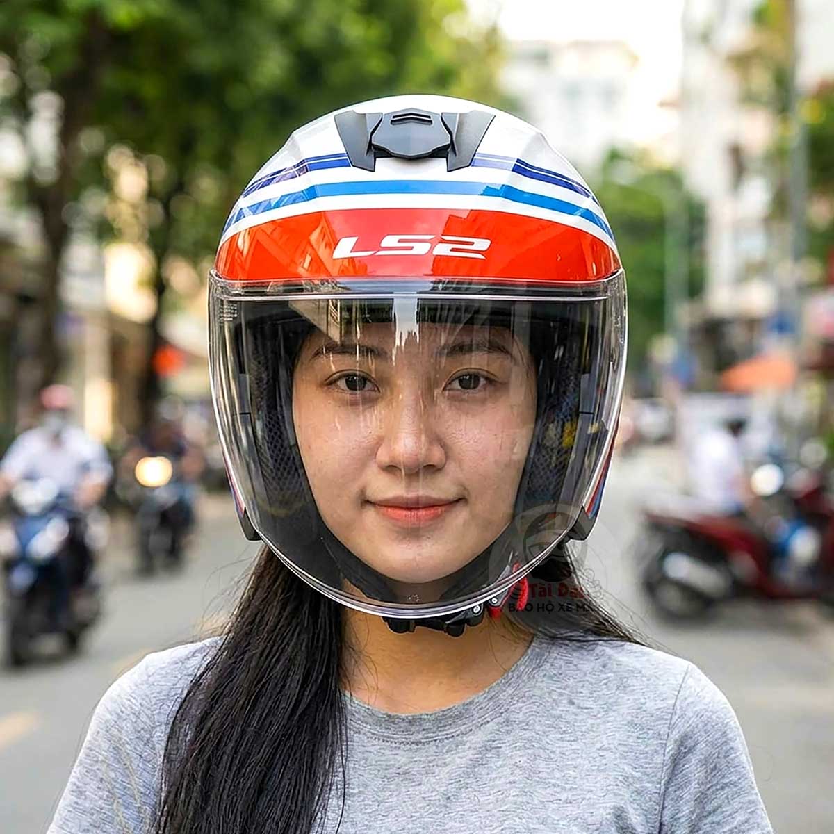 Nón LS2 Compass OF626 Trắng Xanh Đỏ