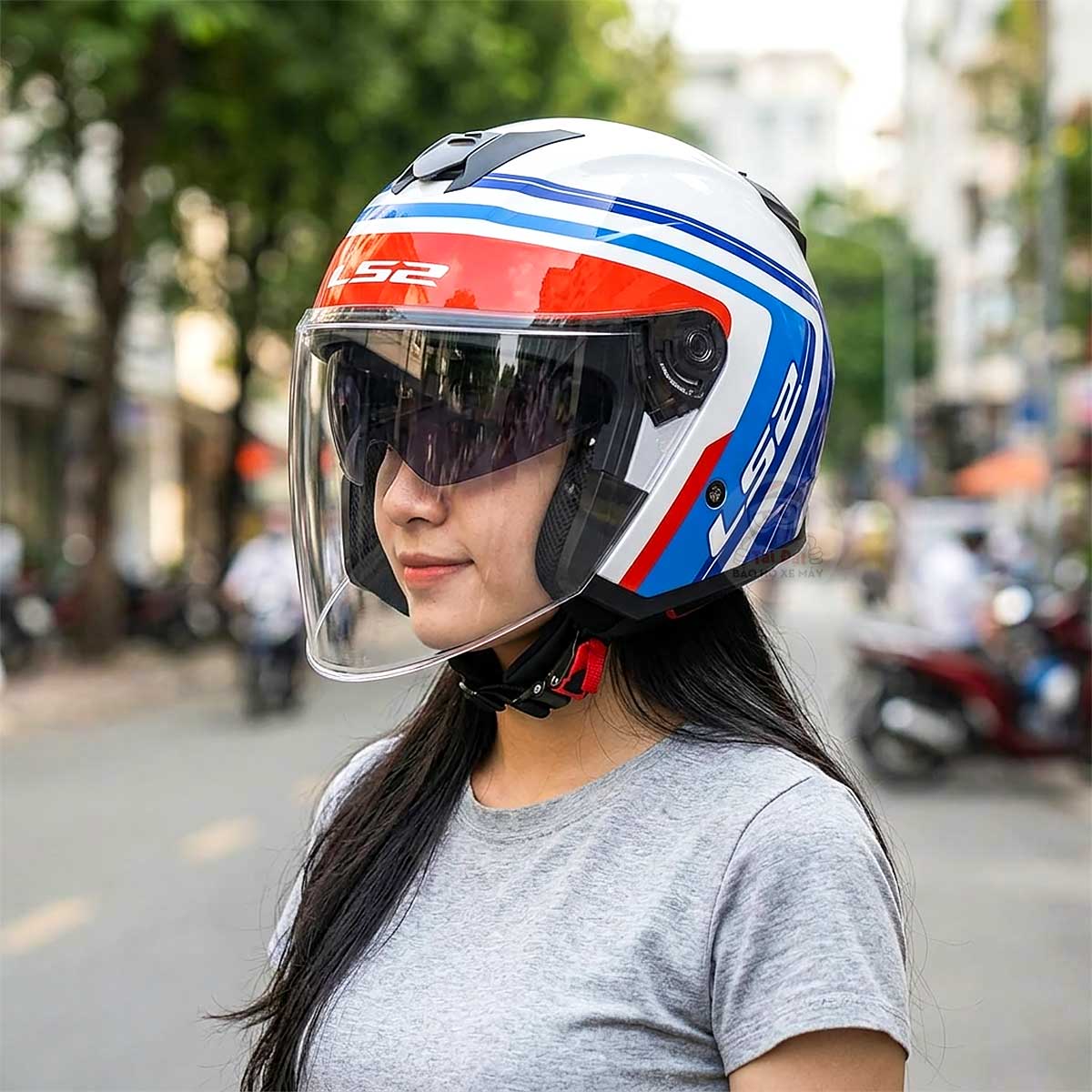 Nón LS2 Compass OF626 Trắng Xanh Đỏ