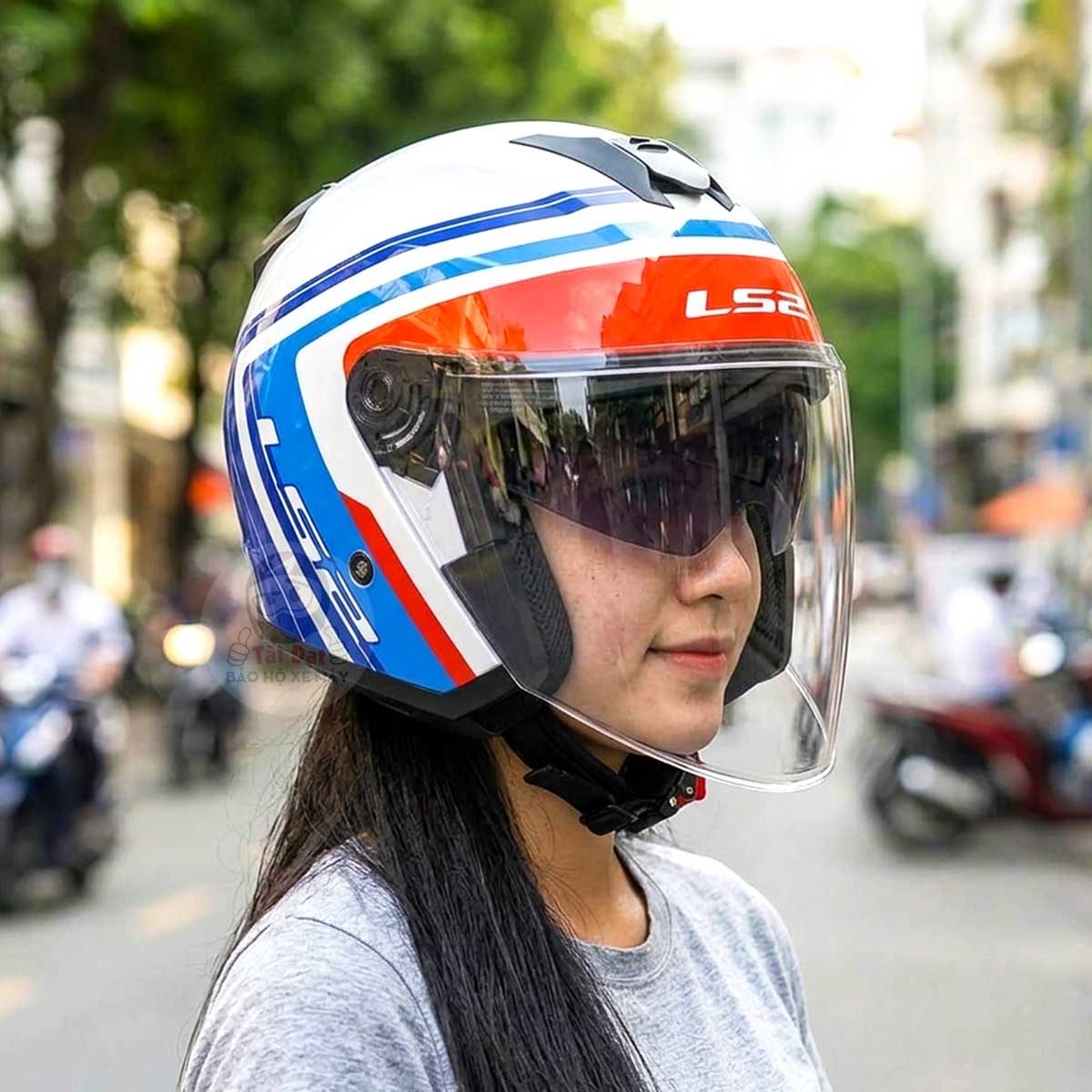 Nón LS2 Compass OF626 Trắng Xanh Đỏ